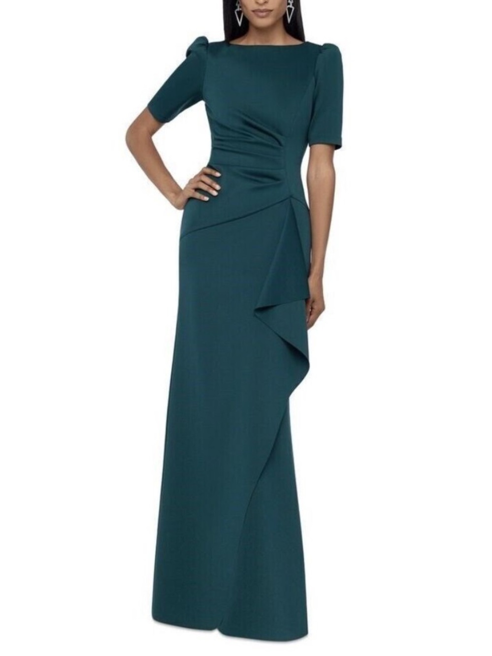 Xscape Ruffle Puff Sleeve Gown Size 10 Green Short Sleeves Bateau Neck Scuba